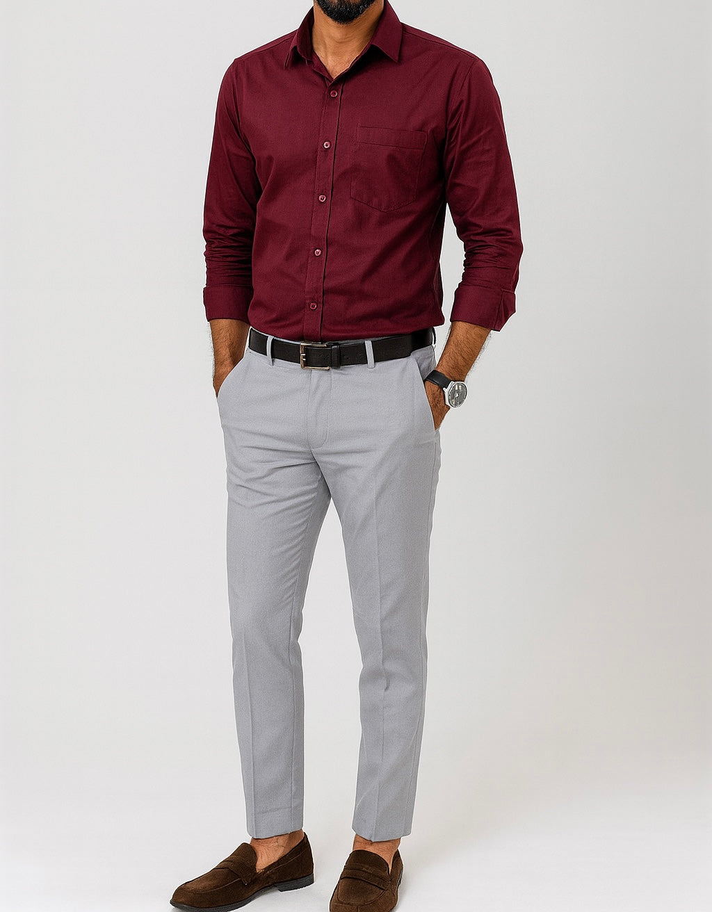 Combo Of Burgundy Shirt And Grey Formal Pant
