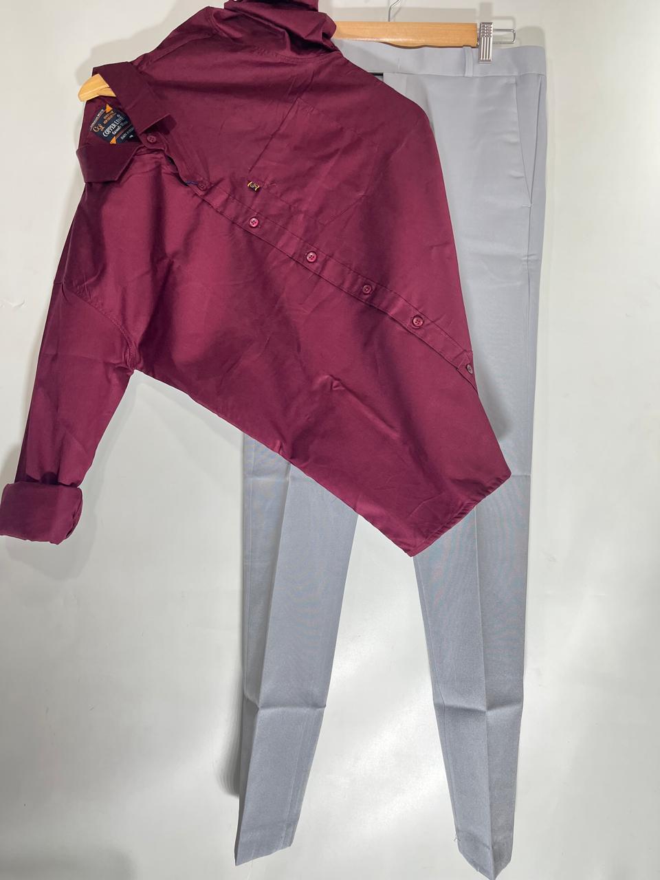 Combo Of Burgundy Shirt And Grey Formal Pant