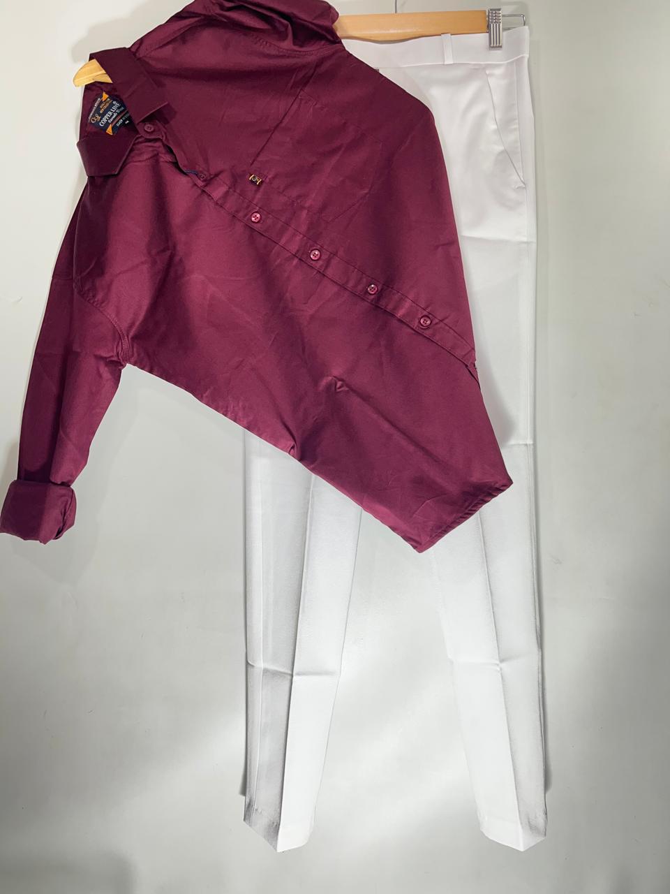 Combo Of Burgundy Shirt And White Formal Pant