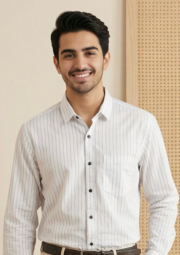 Classic Daywear Formal Set – White Stripe Shirt & Beige Pant