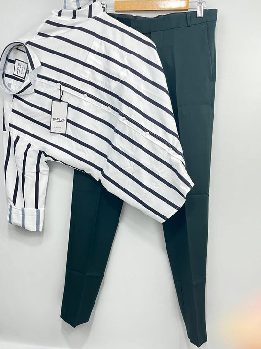 Combo Of Strips Shirt And Bottle Green Pant