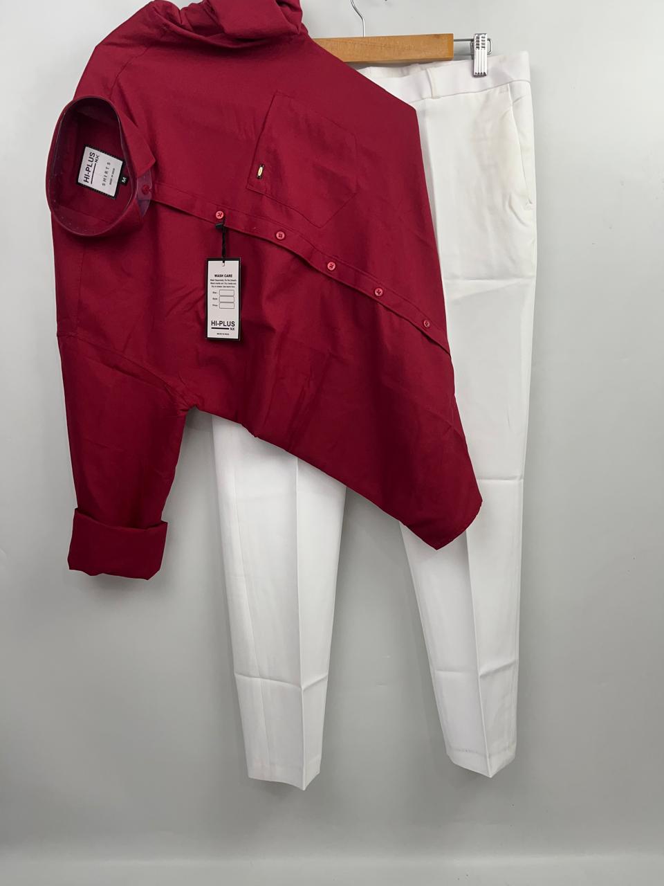 Combo Of Dark Burgundy Shirt And White Formal Pant