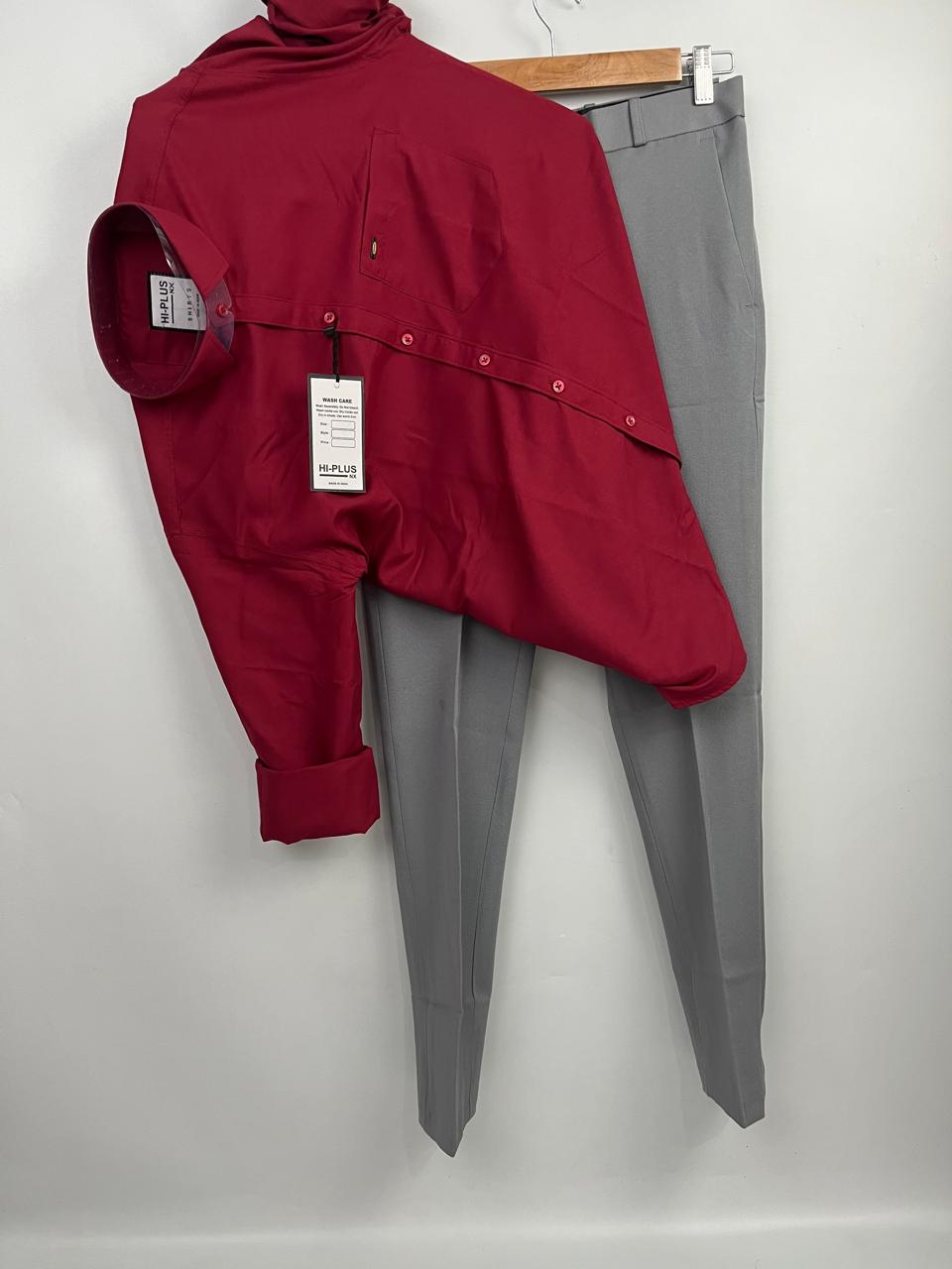 Combo Of Dark Burgundy Shirt And Grey Formal Pant