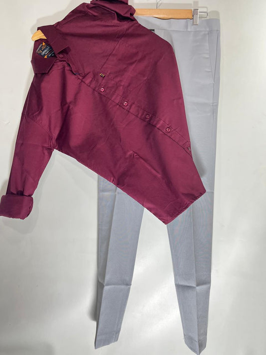 Combo Of Burgundy Shirt And Grey Formal Pant