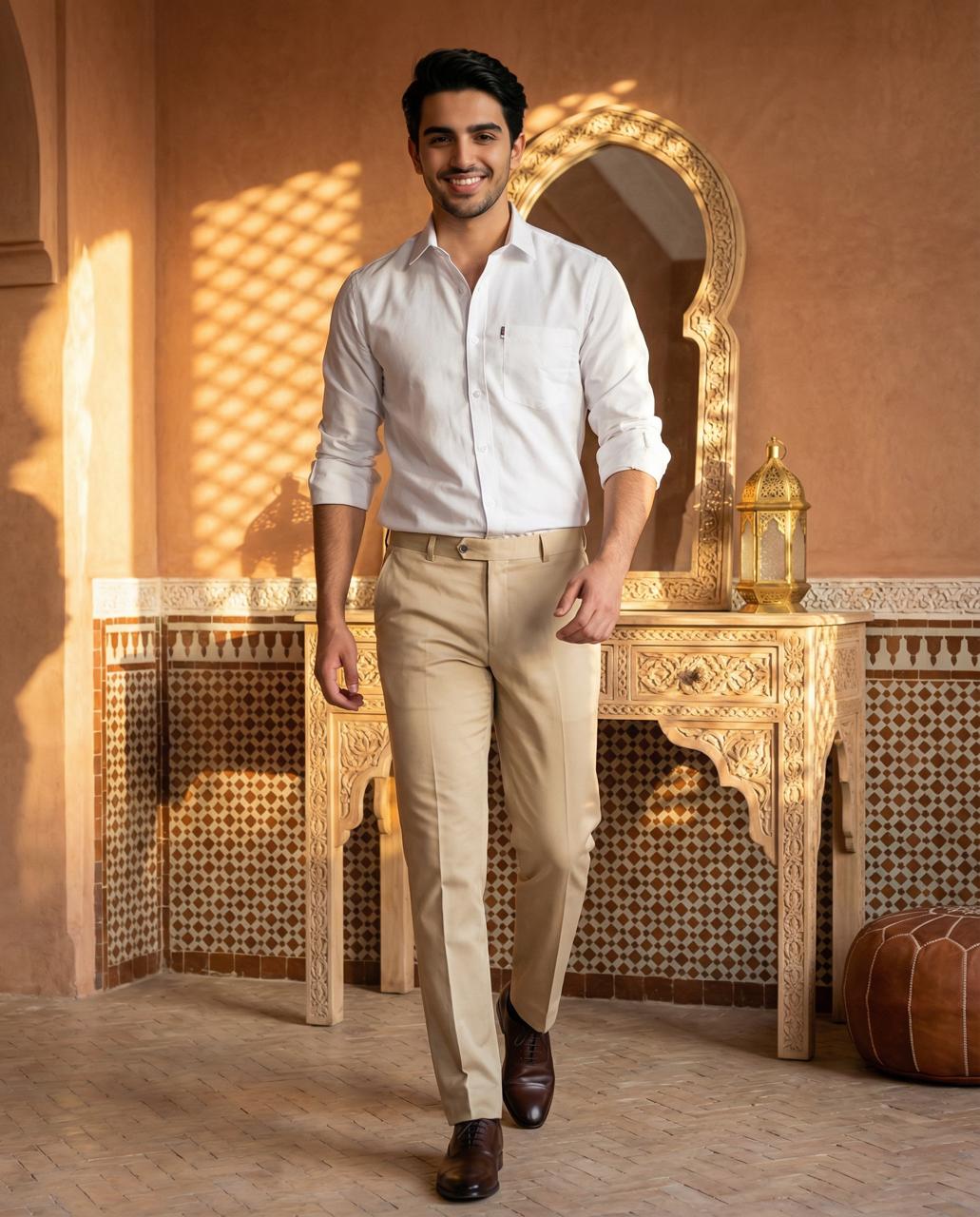 White & Beige Cotton Premium & Elegant Formal Shirt & Pant For Men