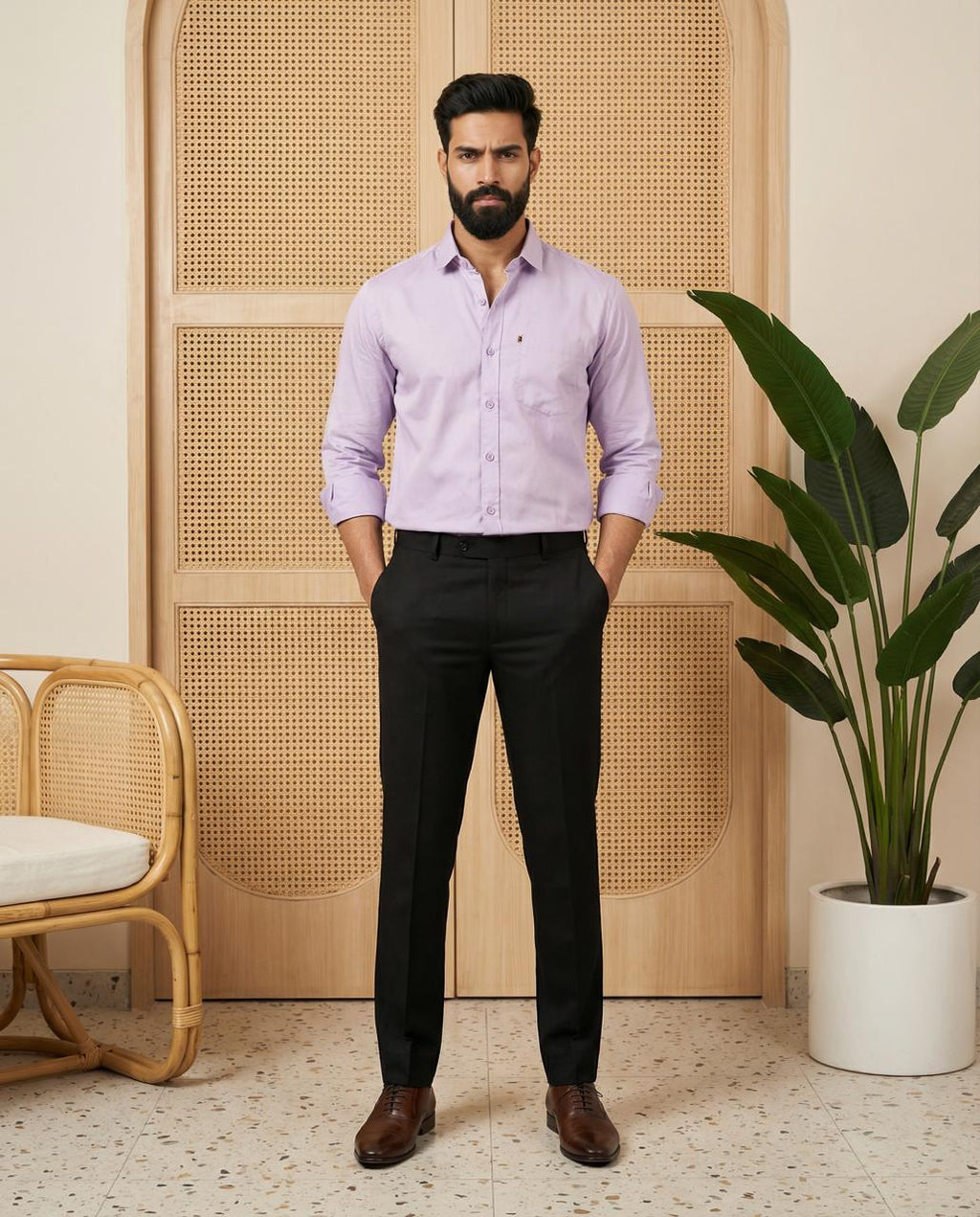 Lavender & Black Cotton Premium & Elegant Formal Shirt & Pant For Men