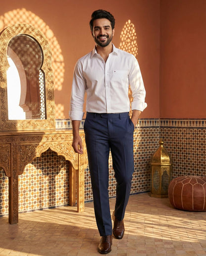 White & Navy Blue Cotton Premium & Elegant Formal Shirt & Pant For Men
