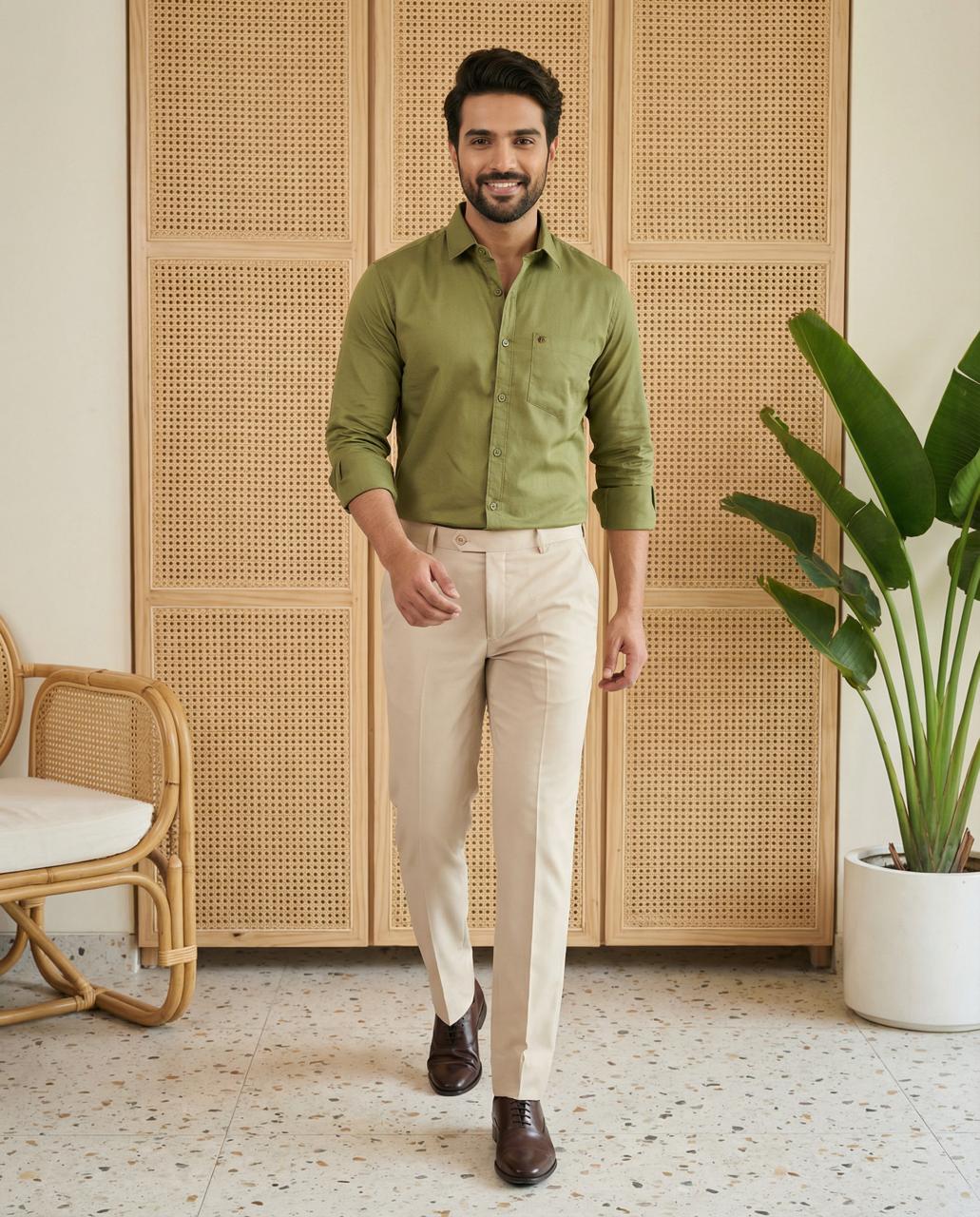 Olive & Cream Cotton Premium & Elegant Formal Shirt & Pant For Men