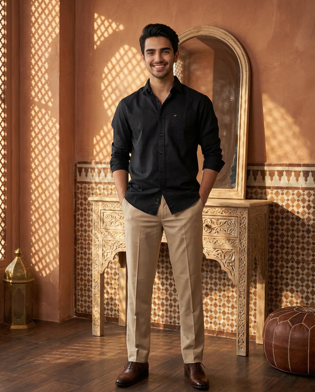 Black & Beige Cotton Premium & Elegant Formal Shirt & Pant For Men