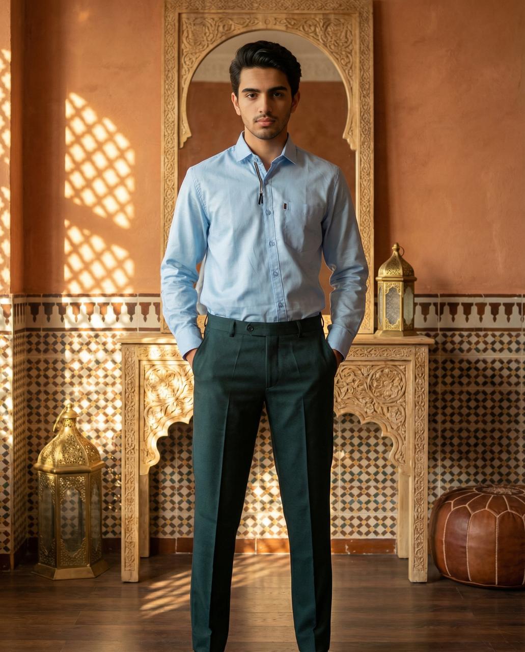 Sky Blue & Bottle Green Cotton Premium & Elegant Formal Shirt & Pant For Men