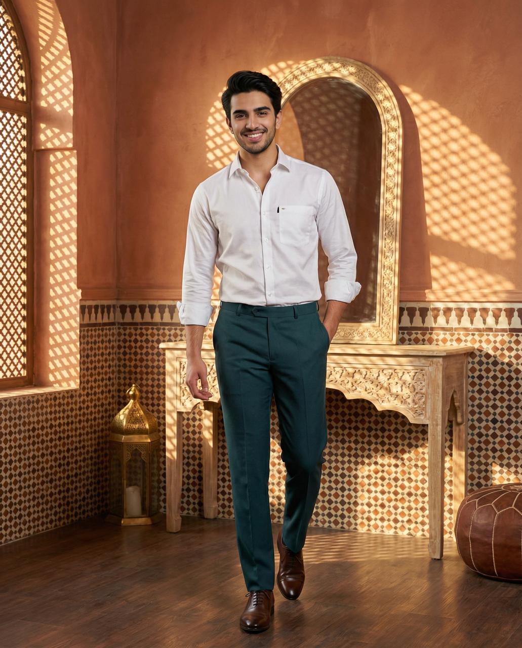 White & Green Cotton Premium & Elegant Formal Shirt & Pant For Men