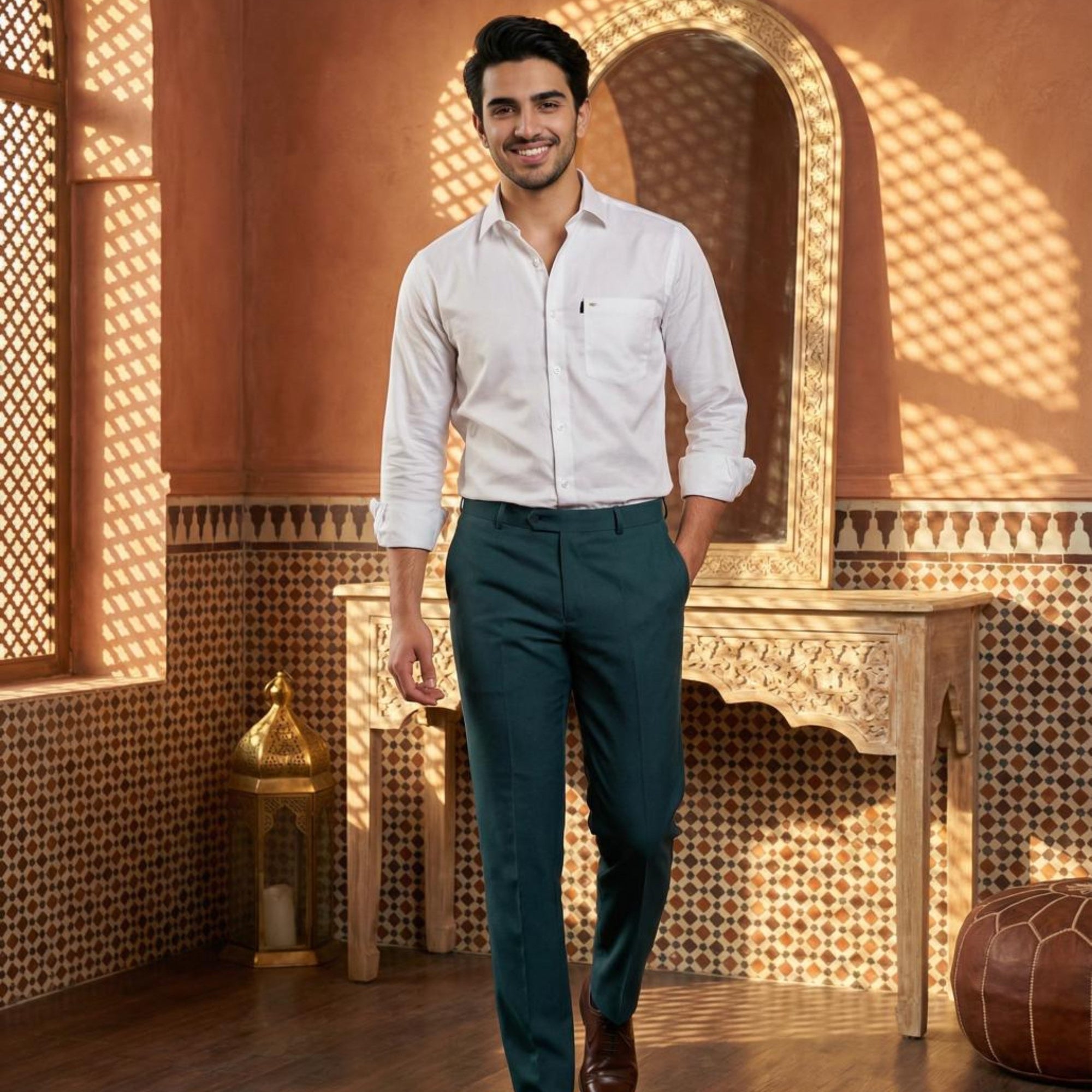 White & Green Cotton Premium & Elegant Formal Shirt & Pant For Men