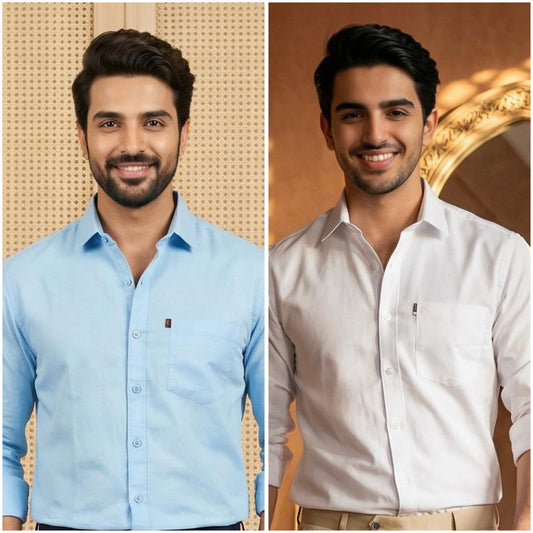 Premium Cotton Formal Shirt Combo – Sky Blue & White (Pack of 2)