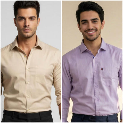 Premium Cotton Formal Shirt Combo – Cream & Lavender (Pack of 2)