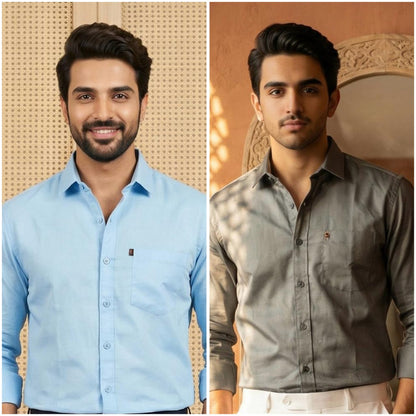 Premium Cotton Formal Shirt Combo – Sky Blue & Gray (Pack of 2)