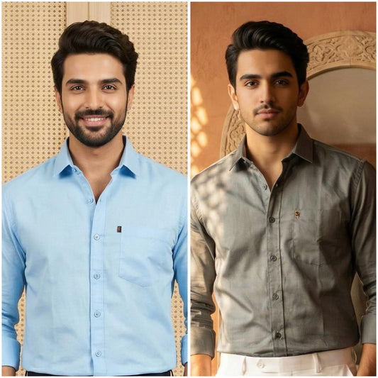 Premium Cotton Formal Shirt Combo – Sky Blue & Gray (Pack of 2)