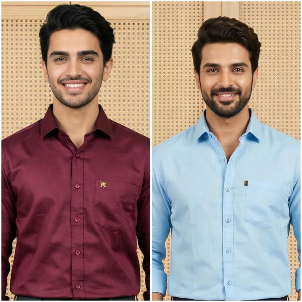 Premium Cotton Formal Shirt Combo – Maroon & Sky Blue (Pack of 2)