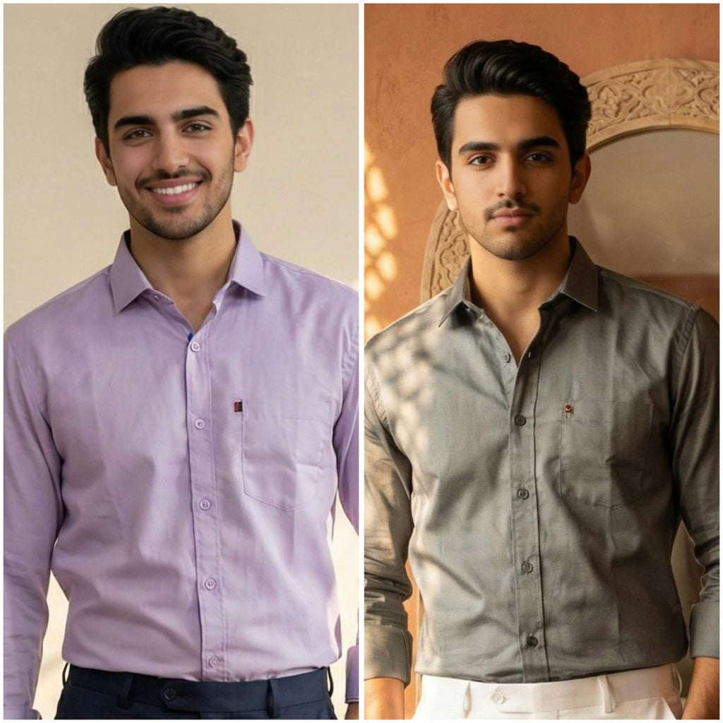Premium Cotton Formal Shirt Combo – Lavender & Gray (Pack of 2)