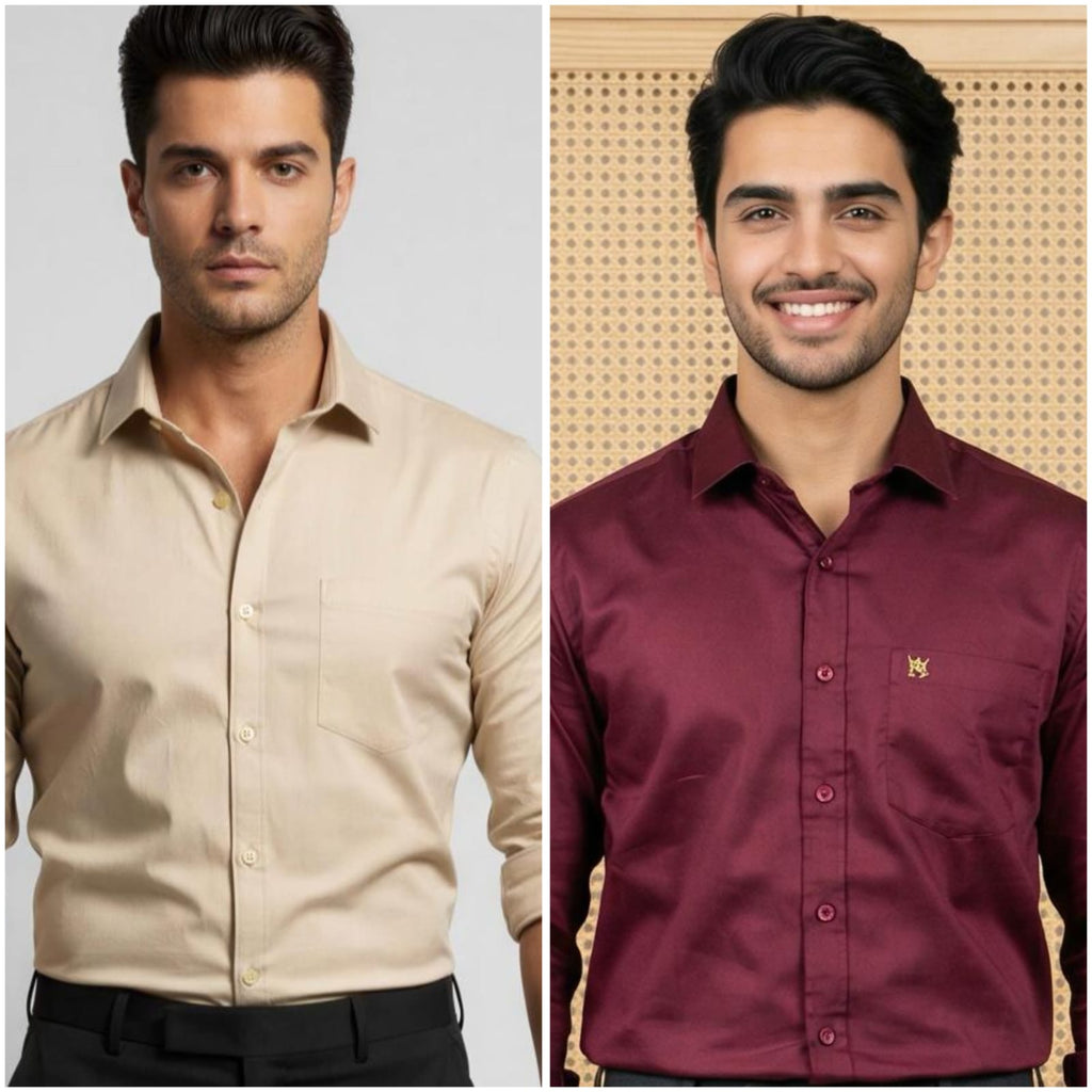 Premium Cotton Formal Shirt Combo – Cream & Maroon (Pack of 2)