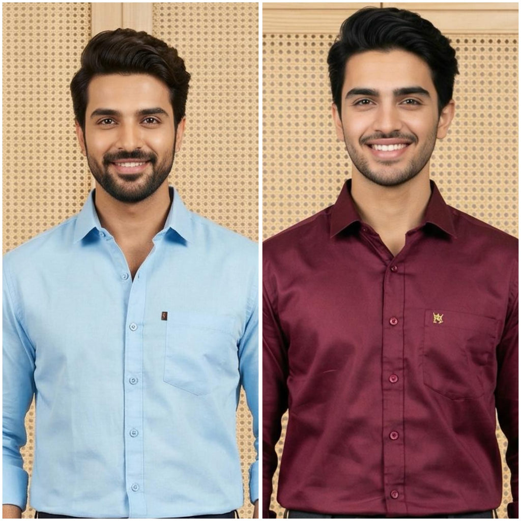 Premium Cotton Formal Shirt Combo – Sky Blue & Maroon (Pack of 2)