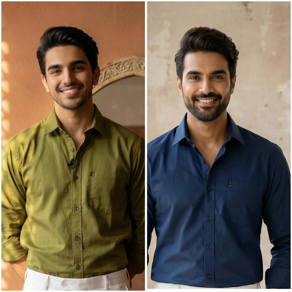 Premium Cotton Formal Shirt Combo – Olive & Navy Blue (Pack of 2)