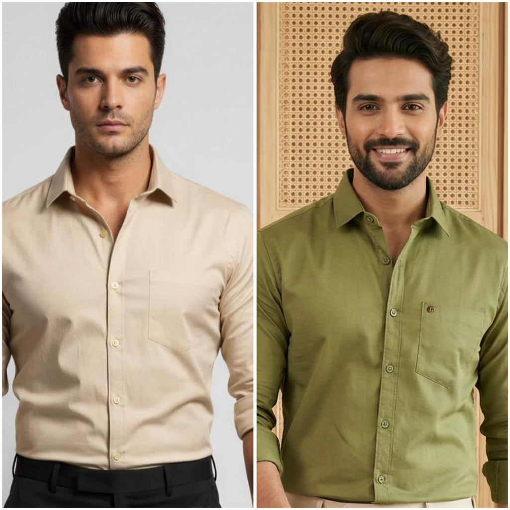 Premium Cotton Formal Shirt Combo – Cream & Olive (Pack of 2)