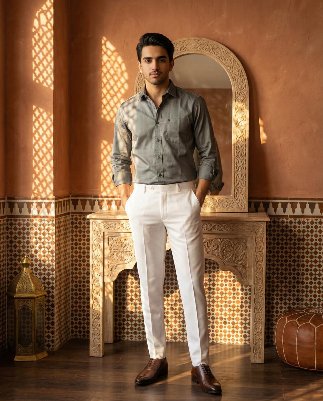 Grey & White Cotton Formal Combo for Men