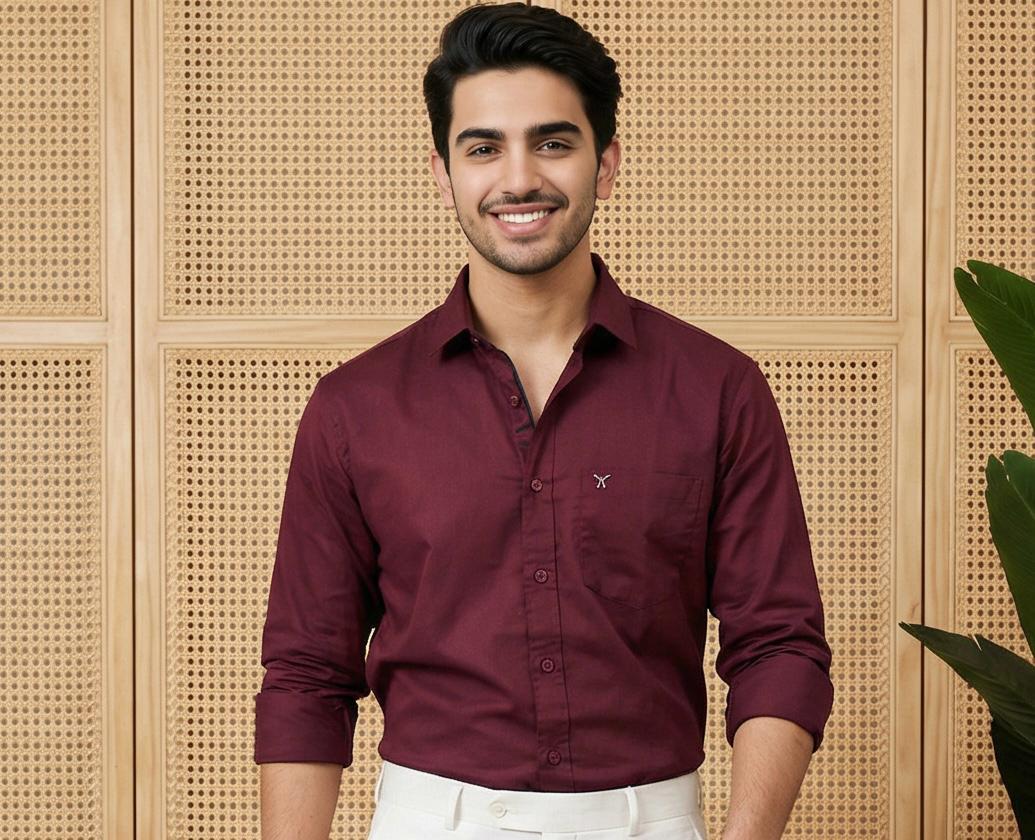 Burgundy Cotton Formal Shirt & White Formal Pant Combo for Men