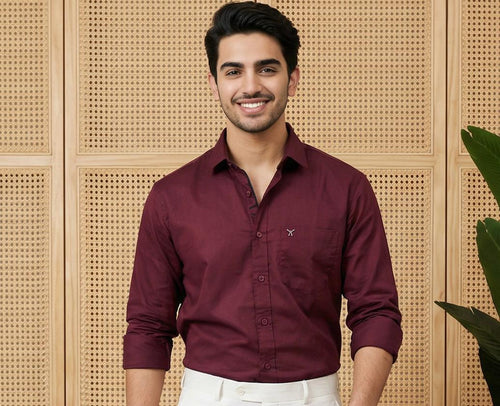 Burgundy Cotton Formal Shirt & White Formal Pant Combo for Men