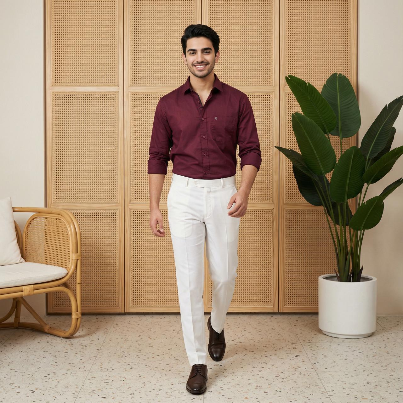 Burgundy Cotton Formal Shirt & White Formal Pant Combo for Men