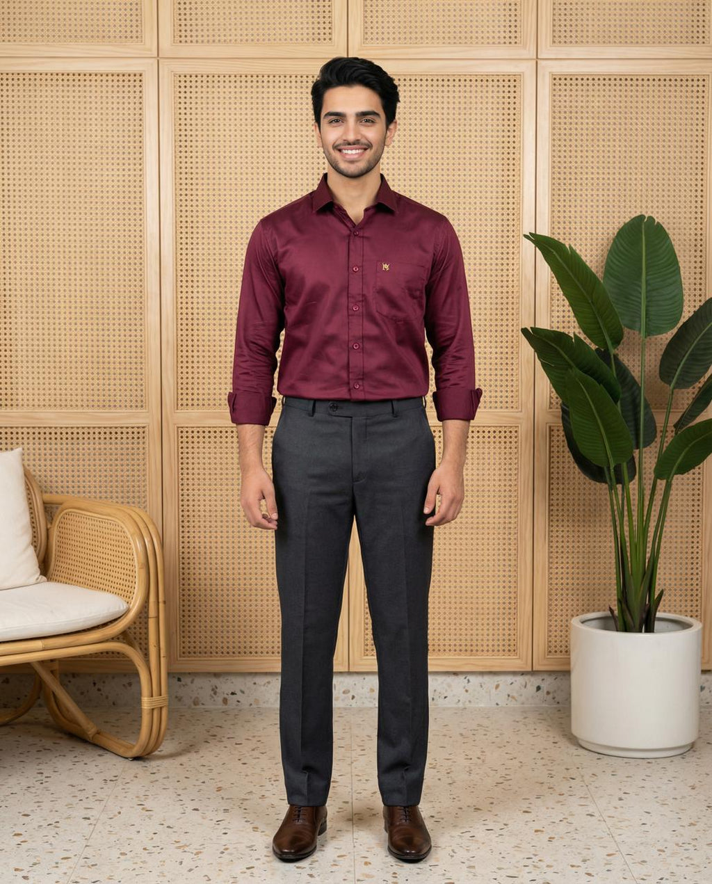 Burgundy Cotton Formal Shirt & Black Formal Pant Combo for Men
