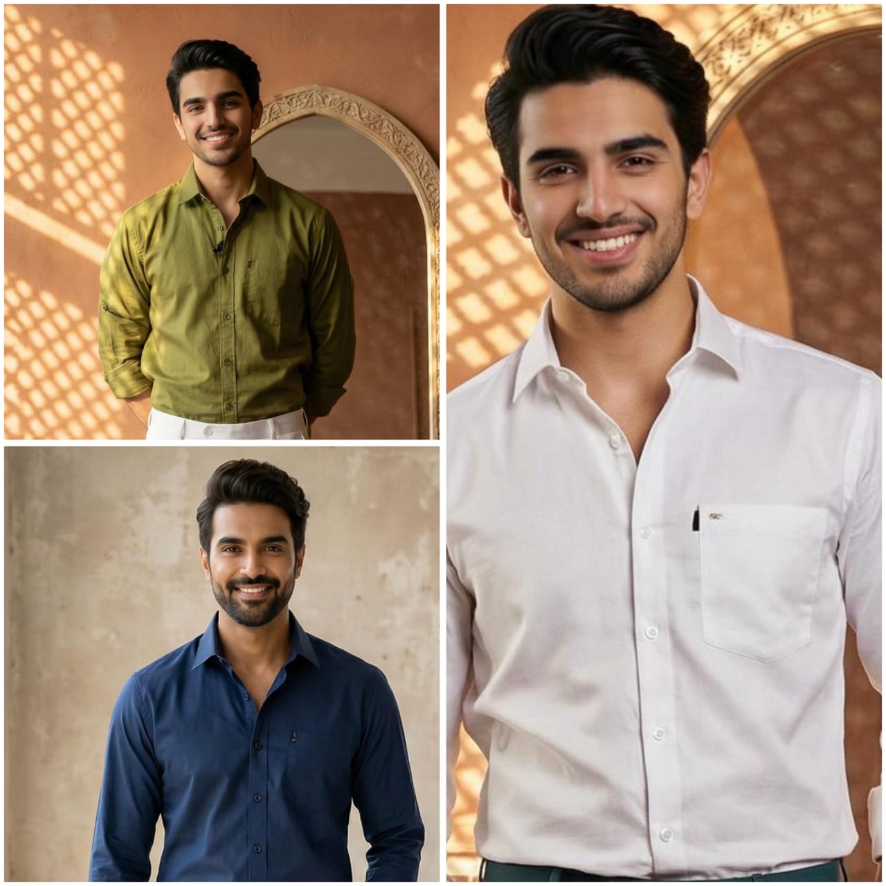 Premium Cotton Formal Shirt Combo – Olive Green, Navy Blue & White (Pack of 3)