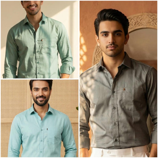 Premium Cotton Formal Shirt Combo – Gray, Mint & Sky Blue (Pack of 3)