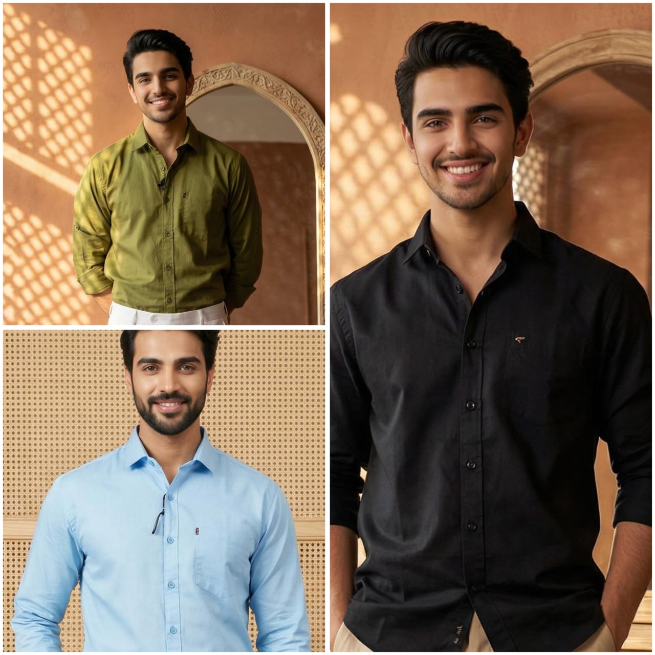 Premium Cotton Formal Shirt Combo – Sky Blue, Black & Olive Green (Pack of 3)