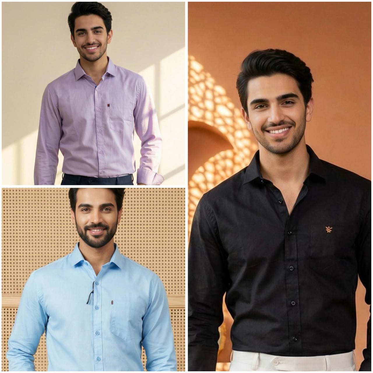Premium Cotton Formal Shirt Combo – Sky Blue, Lavender & Black (Pack of 3)
