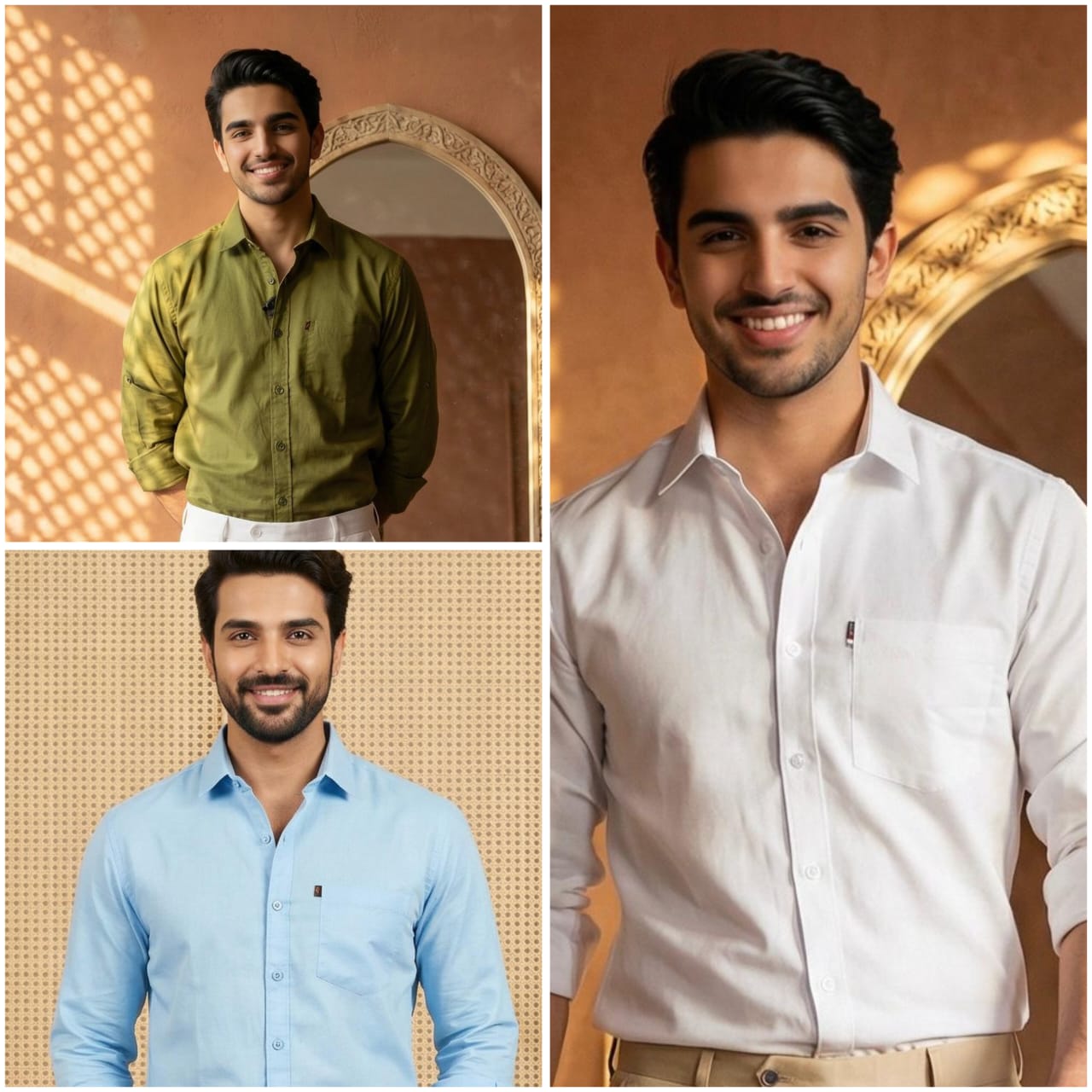 Premium Cotton Formal Shirt Combo – Sky Blue, Olive Green & White (Pack of 3)