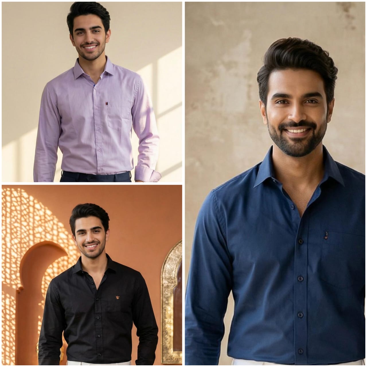 Premium Cotton Formal Shirt Combo – Lavender, Navy Blue & Black (Pack of 3)