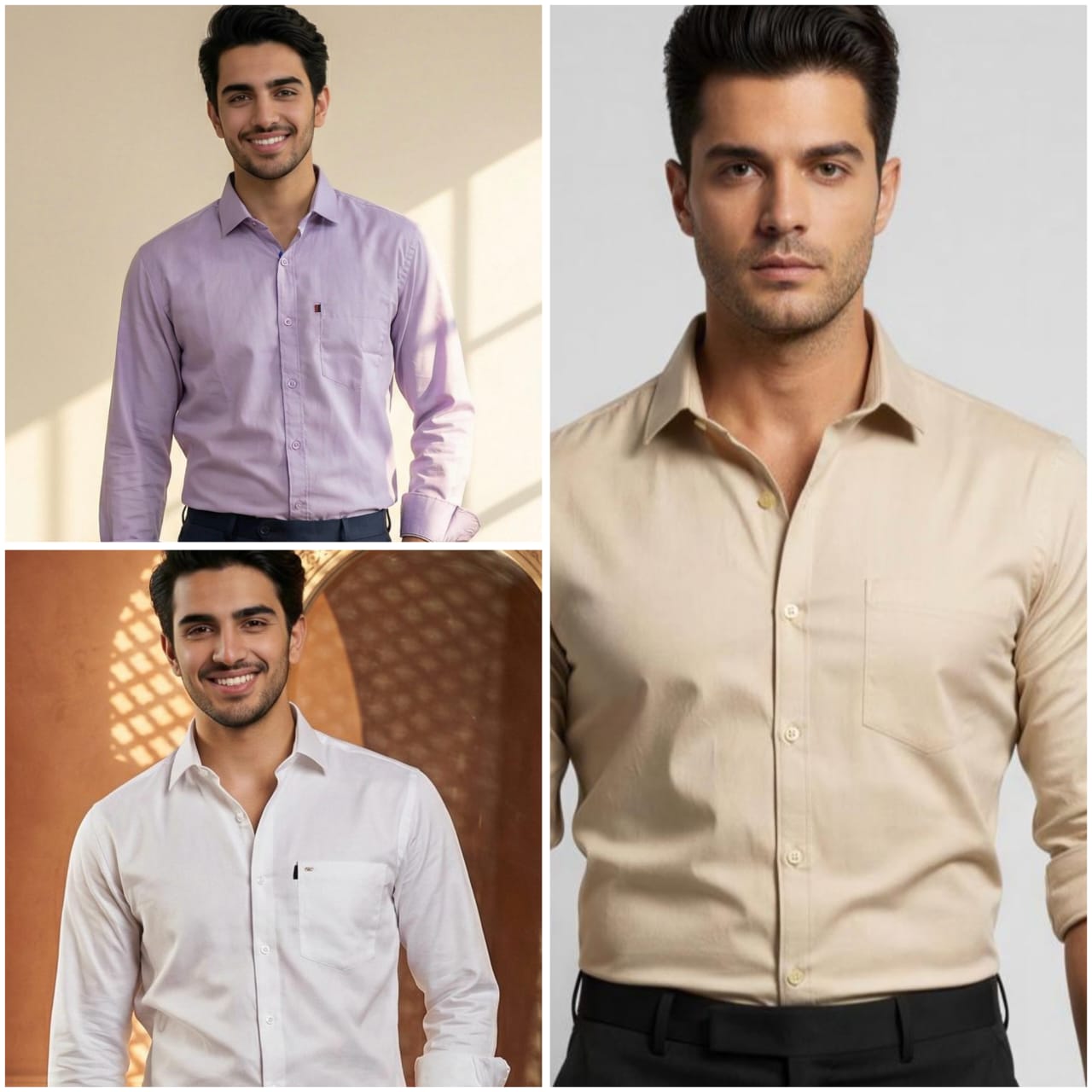 Premium Cotton Formal Shirt Combo – Lavender, Beige & White (Pack of 3)
