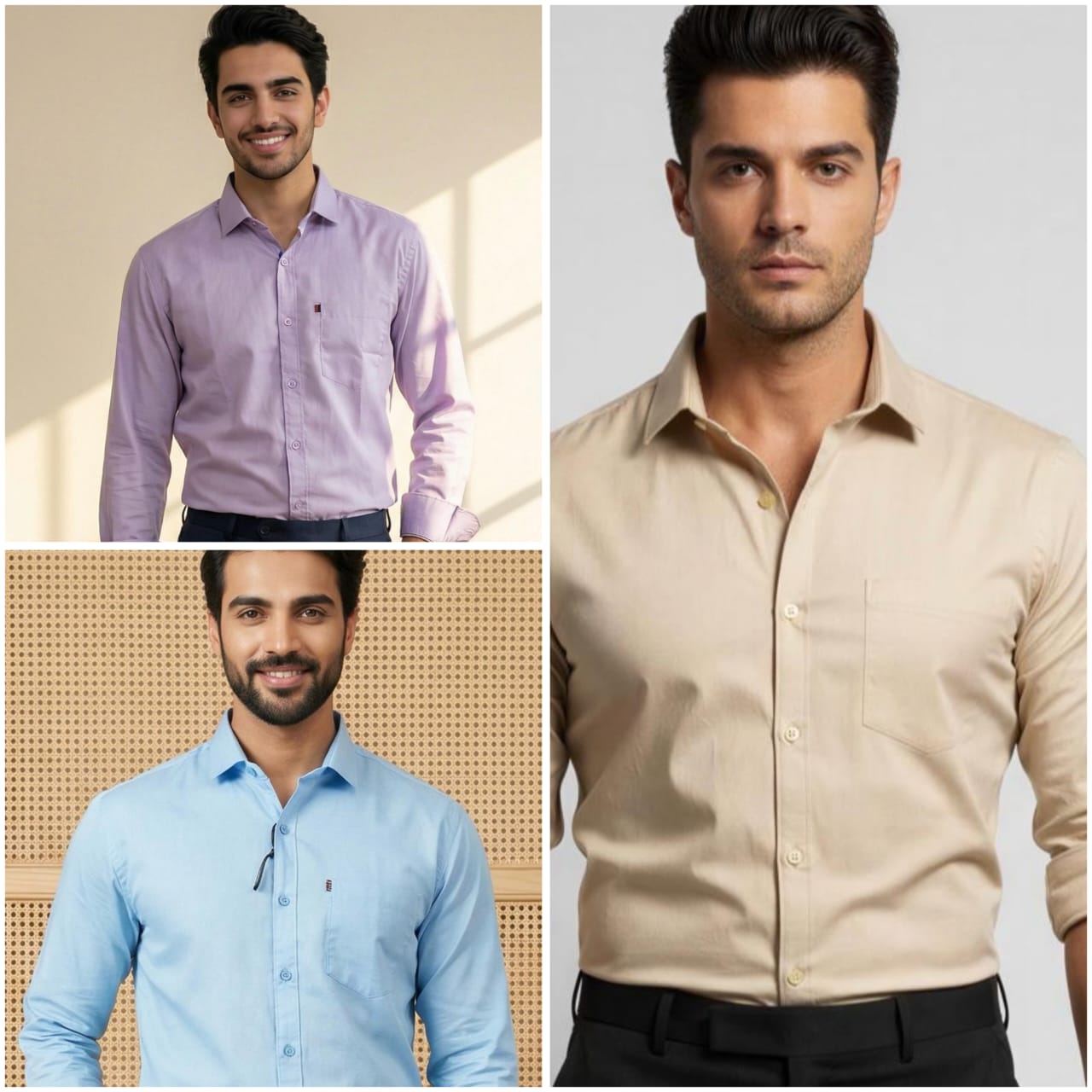 Premium Cotton Formal Shirt Combo – Lavender, Beige & Sky Blue (Pack of 3)