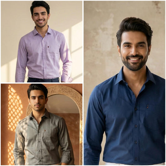 Premium Cotton Formal Shirt Combo – Lavender, Gray & Navy Blue (Pack of 3)