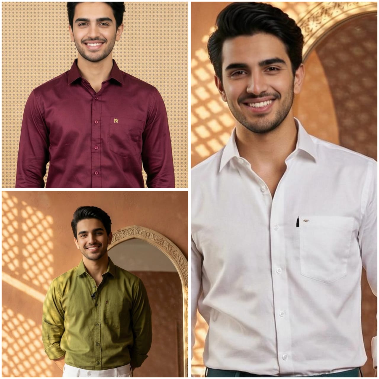 Premium Cotton Formal Shirt Combo – Olive Green, Burgundy & White (Pack of 3)