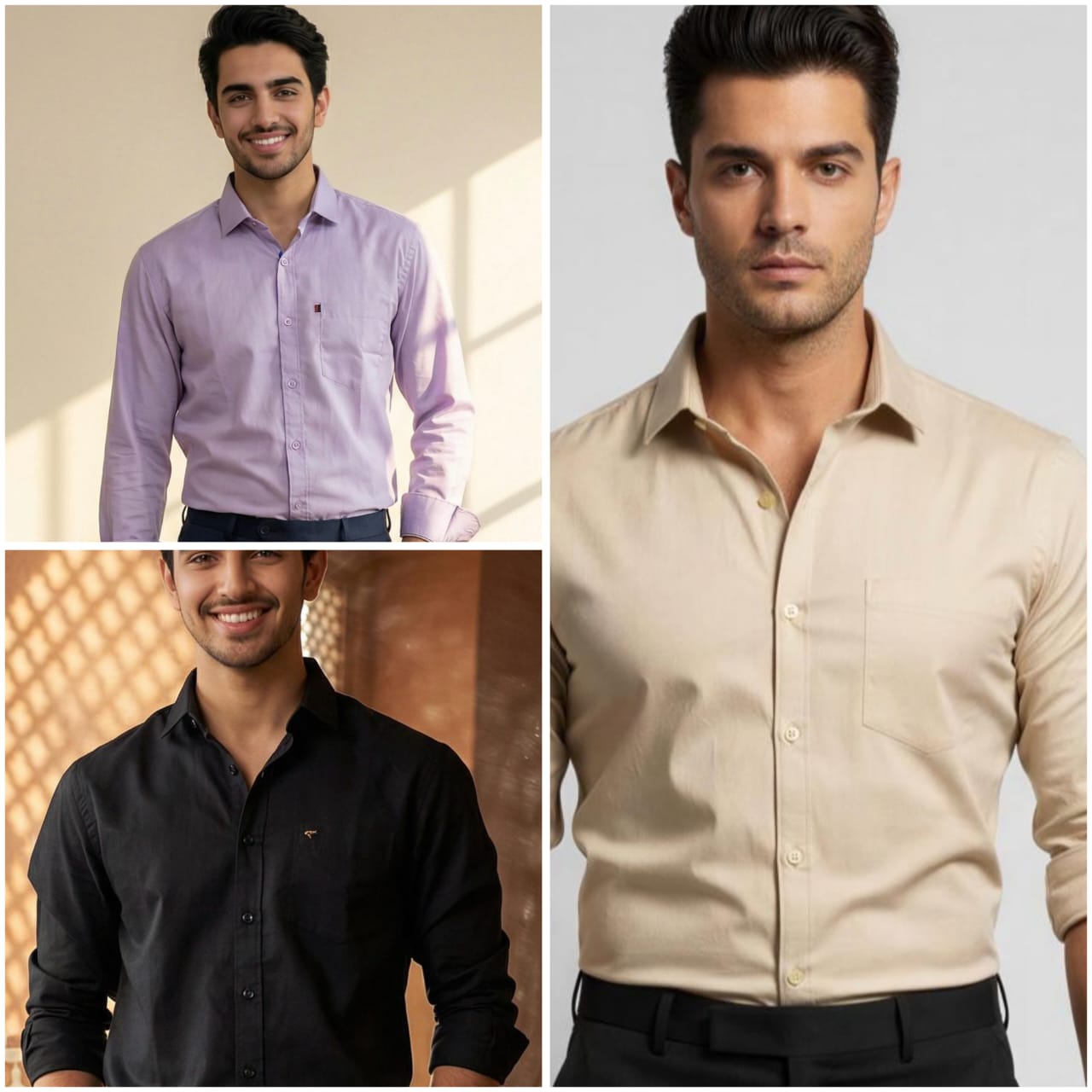 Premium Cotton Formal Shirt Combo – Lavender, Black & Beige (Pack of 3)