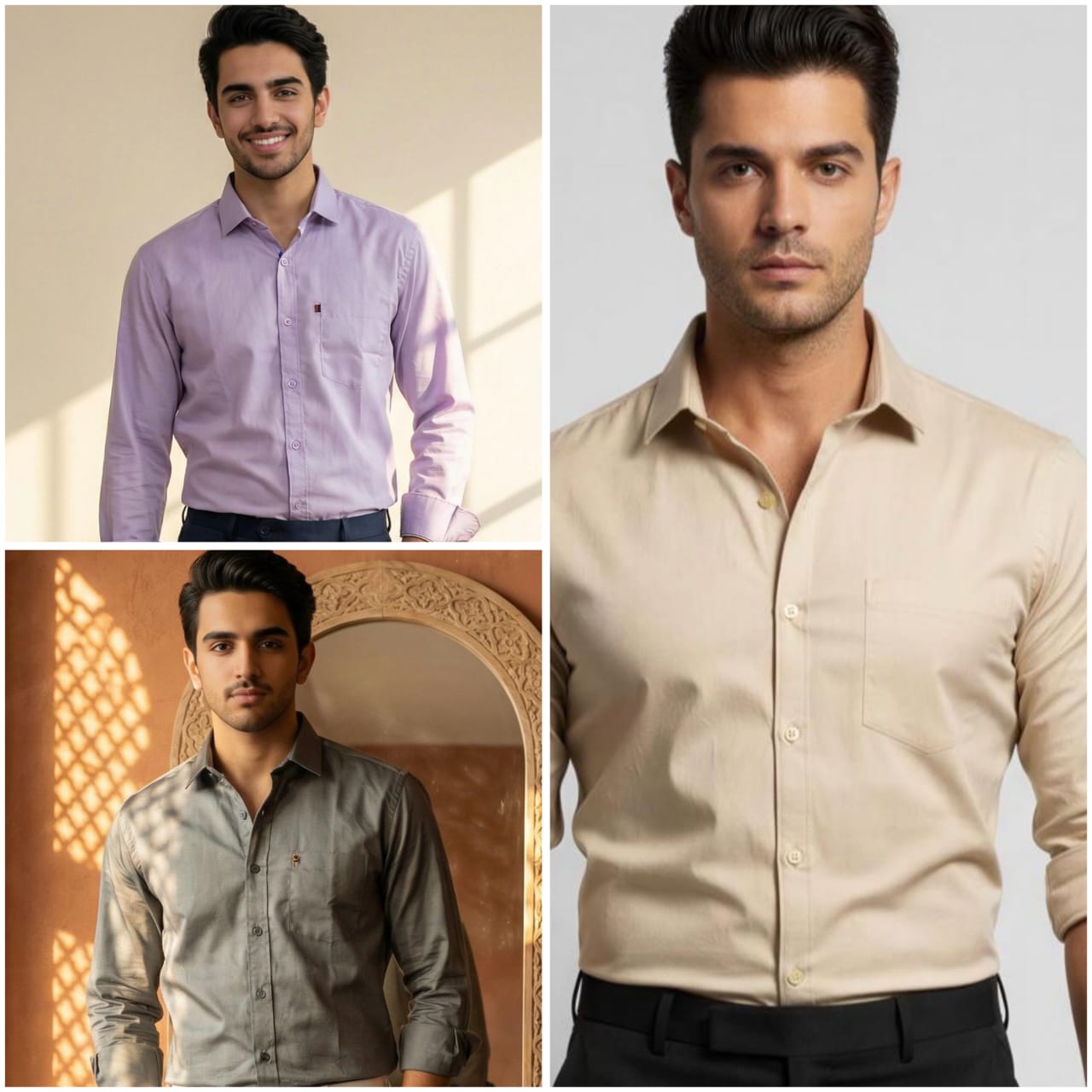 Premium Cotton Formal Shirt Combo – Lavender, Gray & Beige (Pack of 3)