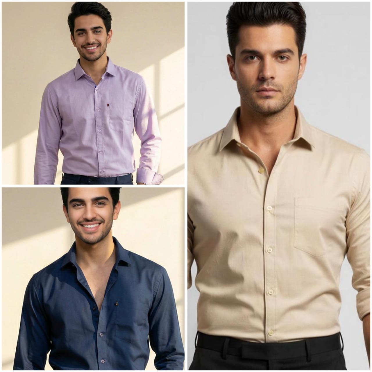 Premium Cotton Formal Shirt Combo – Lavender, Navy Blue & Beige (Pack of 3)