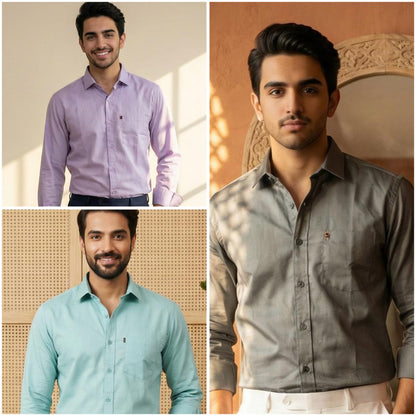 Premium Cotton Formal Shirt Combo – Sky Blue, Gray & Lavender (Pack of 3)