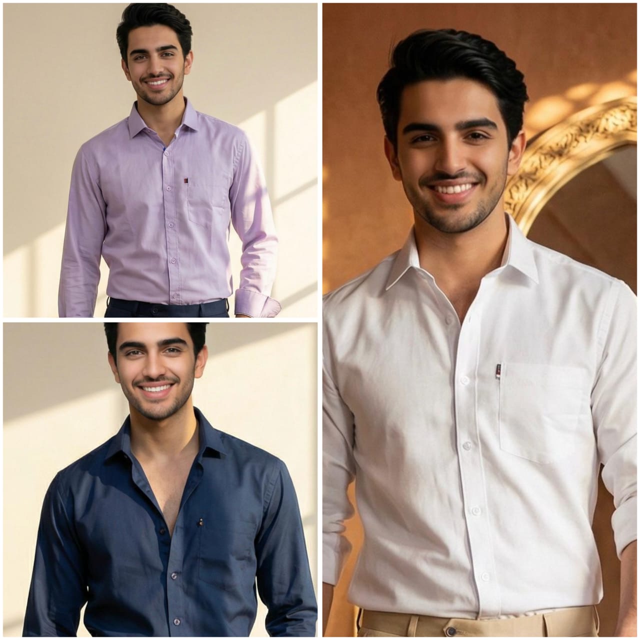 Premium Cotton Formal Shirt Combo – Navy Blue, White & Lavender (Pack of 3)