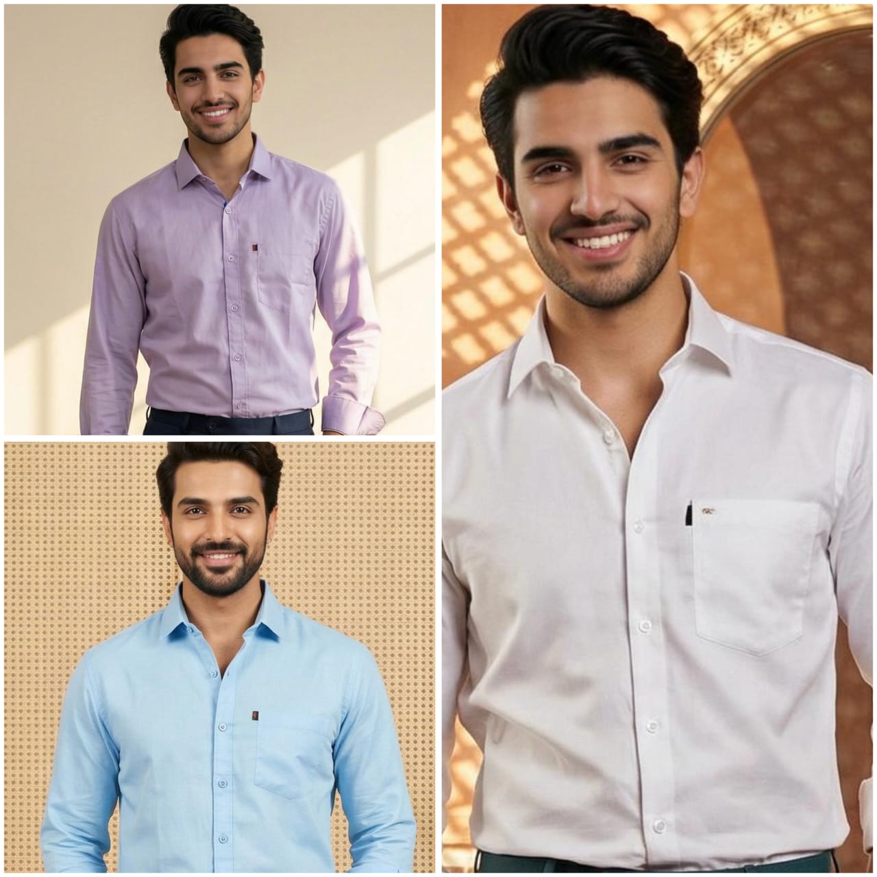 Premium Cotton Formal Shirt Combo – Sky Blue, White & Lavender (Pack of 3)