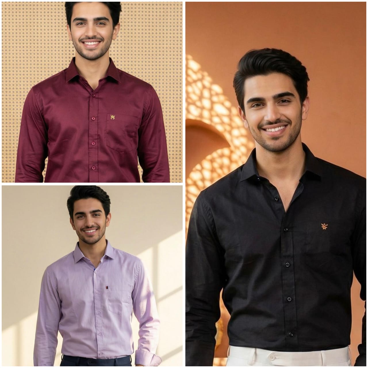 Premium Cotton Formal Shirt Combo – Burgundy, Black & Lavender (Pack of 3)