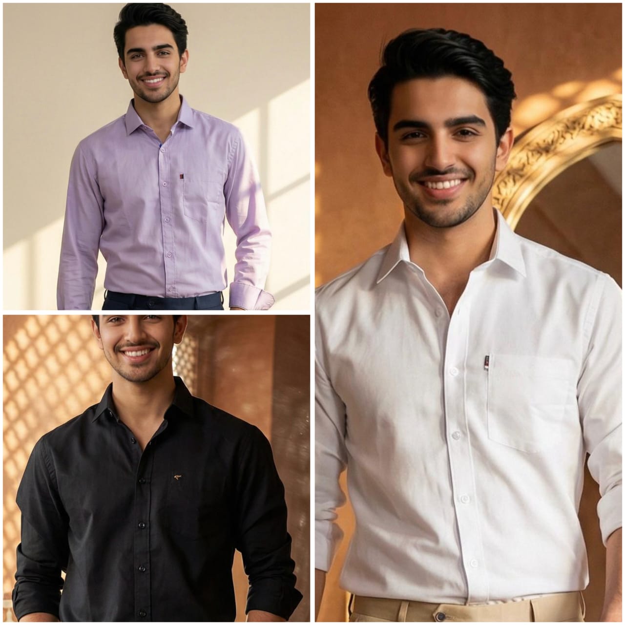 Premium Cotton Formal Shirt Combo – White, Black & Lavender (Pack of 3)