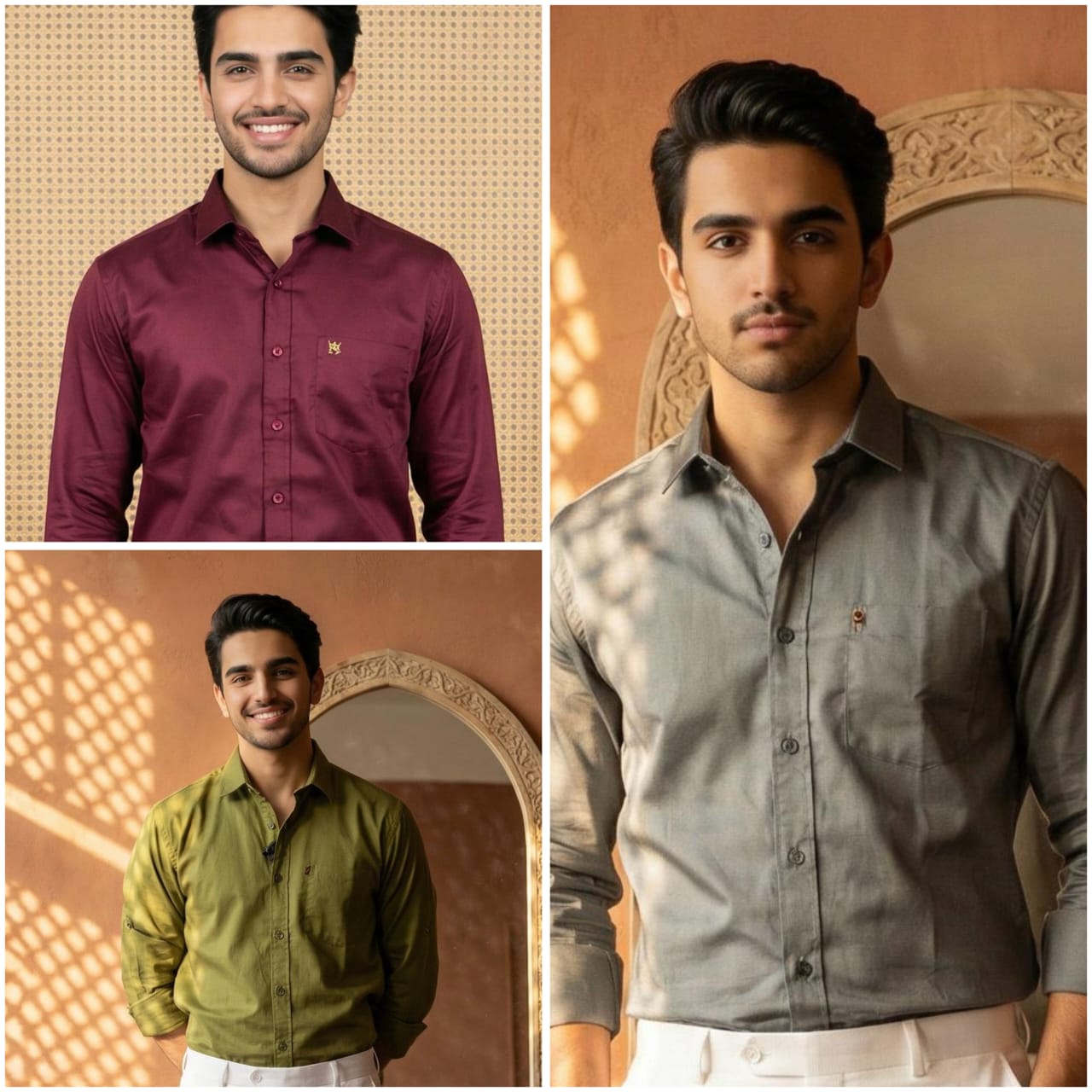 Premium Cotton Formal Shirt Combo – Gray, Olive Green & Burgundy (Pack of 3)